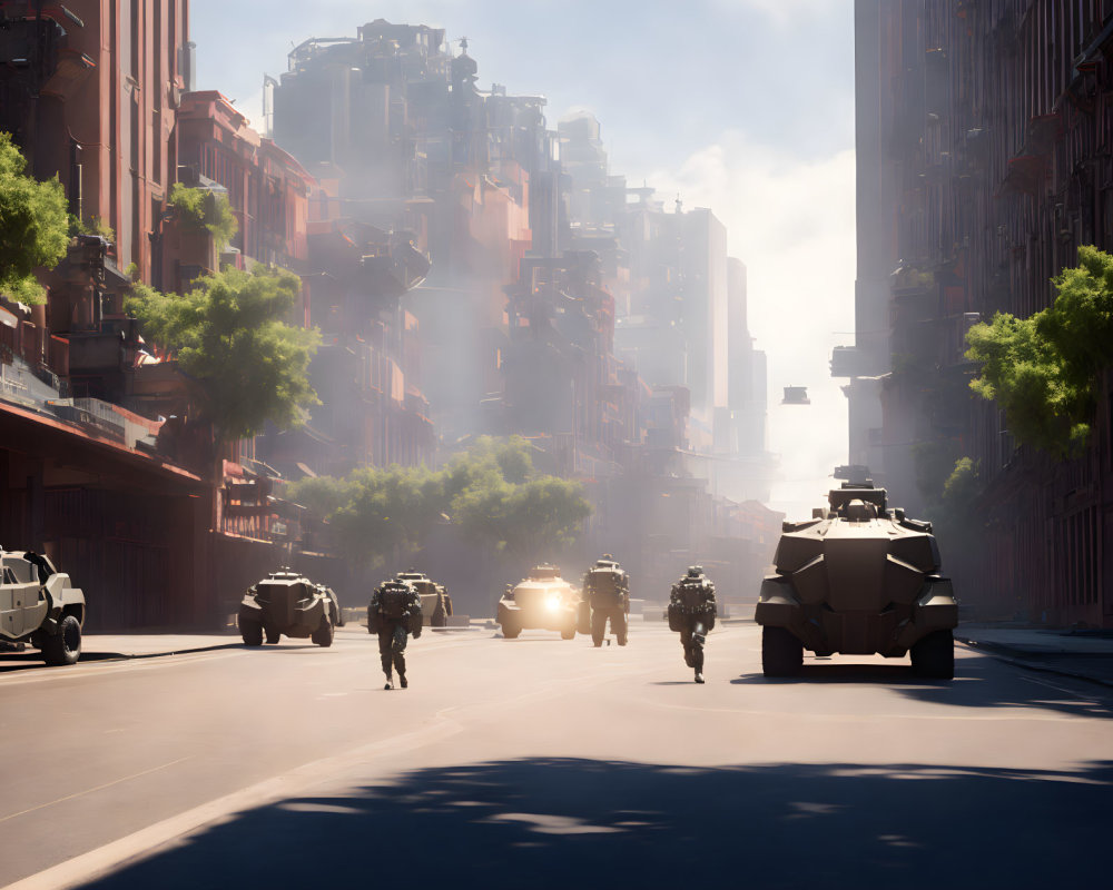 Futuristic armored convoy with soldiers on sunlit city street