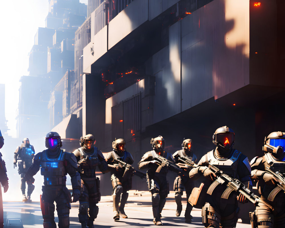 Futuristic soldiers in armor in sunlit dystopian cityscape