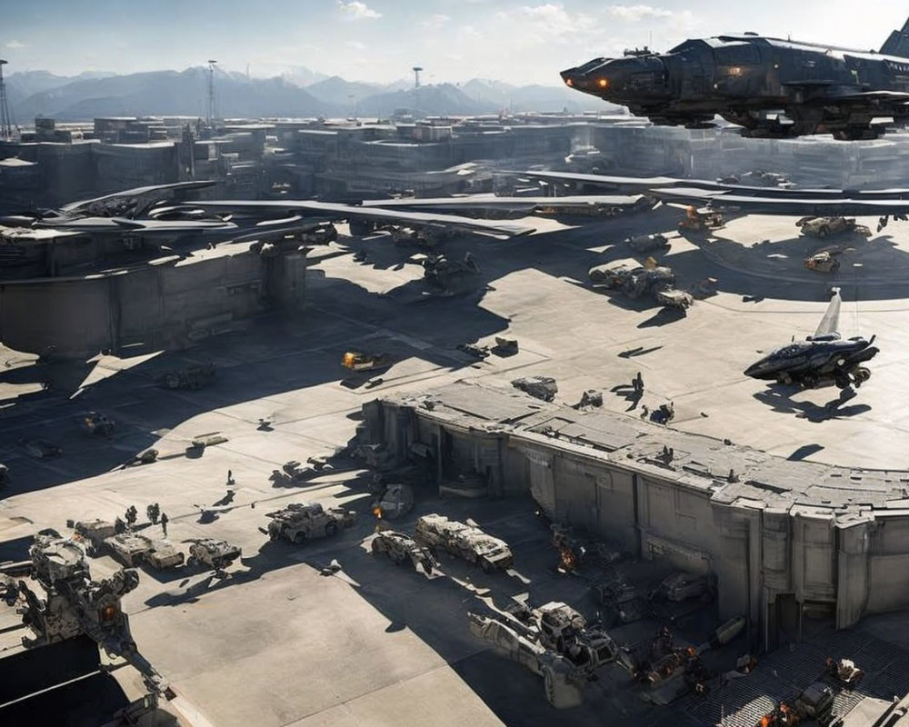 Futuristic military airbase with aircraft, personnel, and vehicles under clear sky