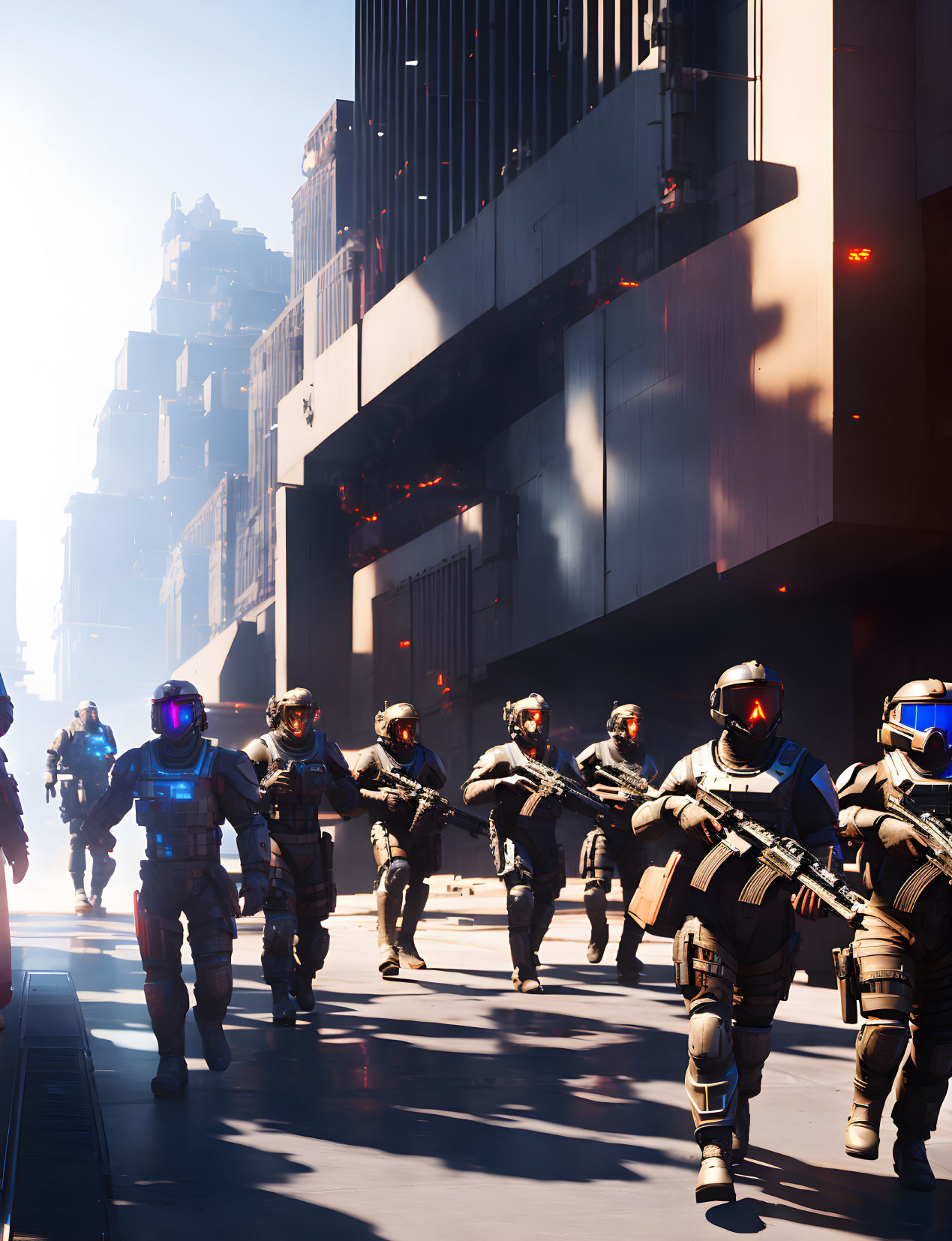 Futuristic soldiers in armor in sunlit dystopian cityscape