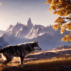 Majestic wolf in autumnal forest with mountains