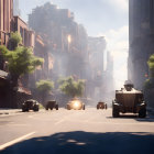 Futuristic armored convoy with soldiers on sunlit city street