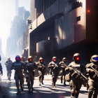 Futuristic soldiers in armor in sunlit dystopian cityscape