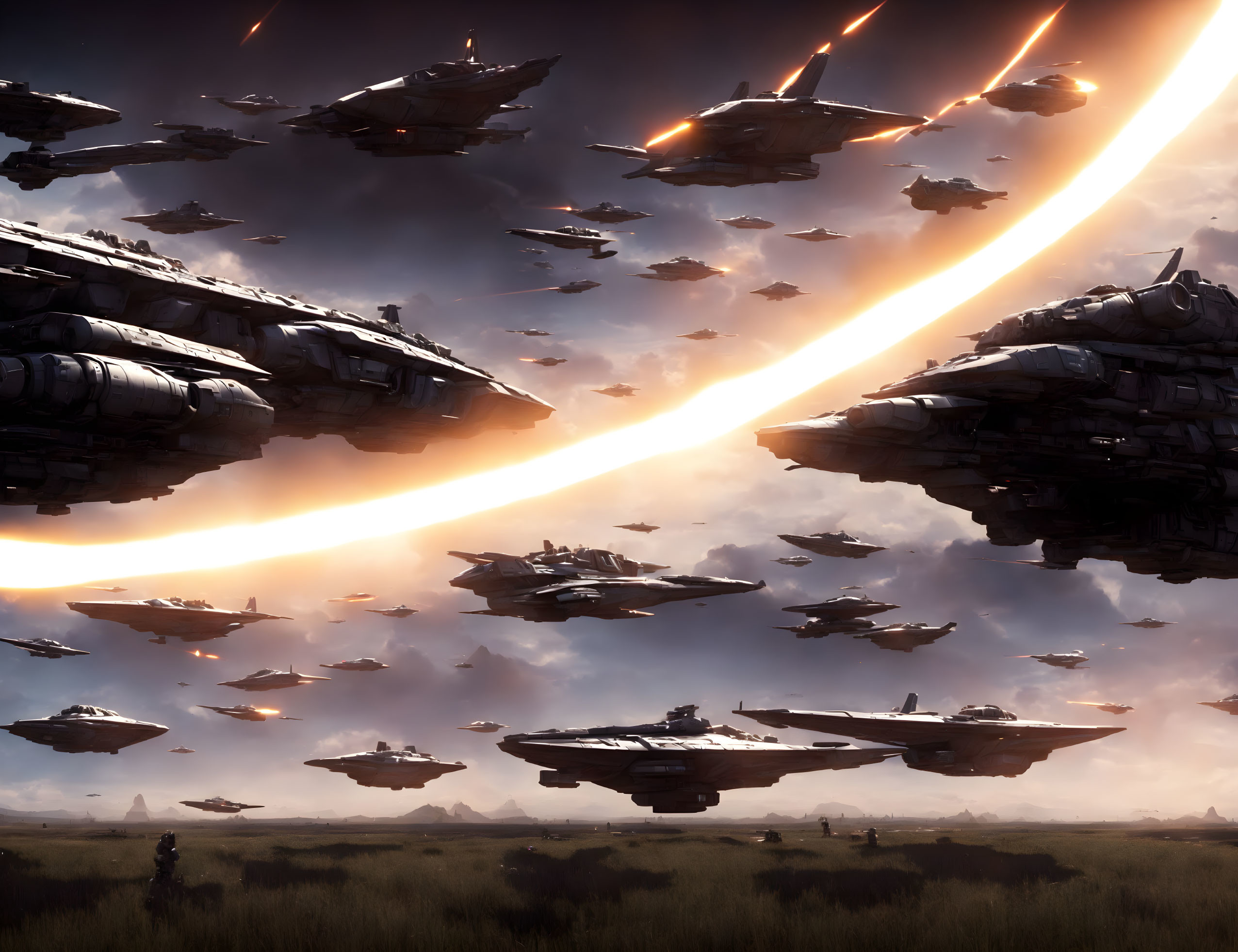 Sci-Fi Battlefield with Armored Vehicles and Laser Beam