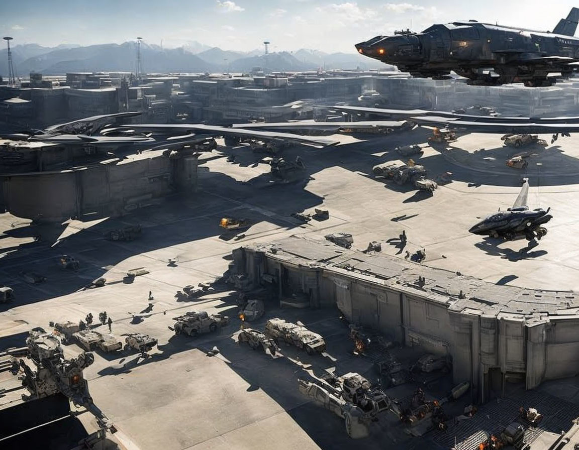 Futuristic military airbase with aircraft, personnel, and vehicles under clear sky