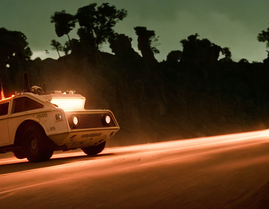 Vintage car with roof lights and rocket exhaust speeding on night road.