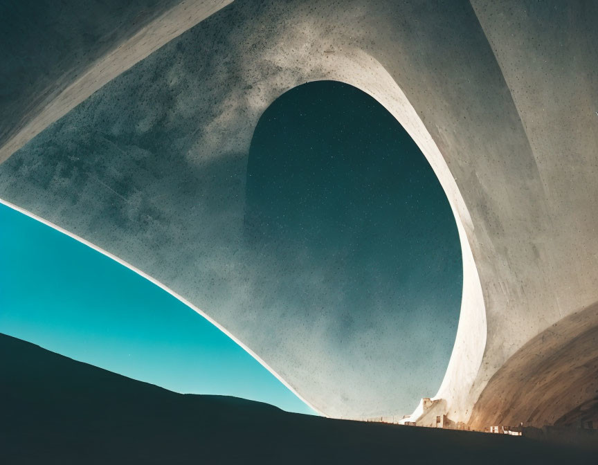 Curved concrete arch with distant building silhouette under clear sky