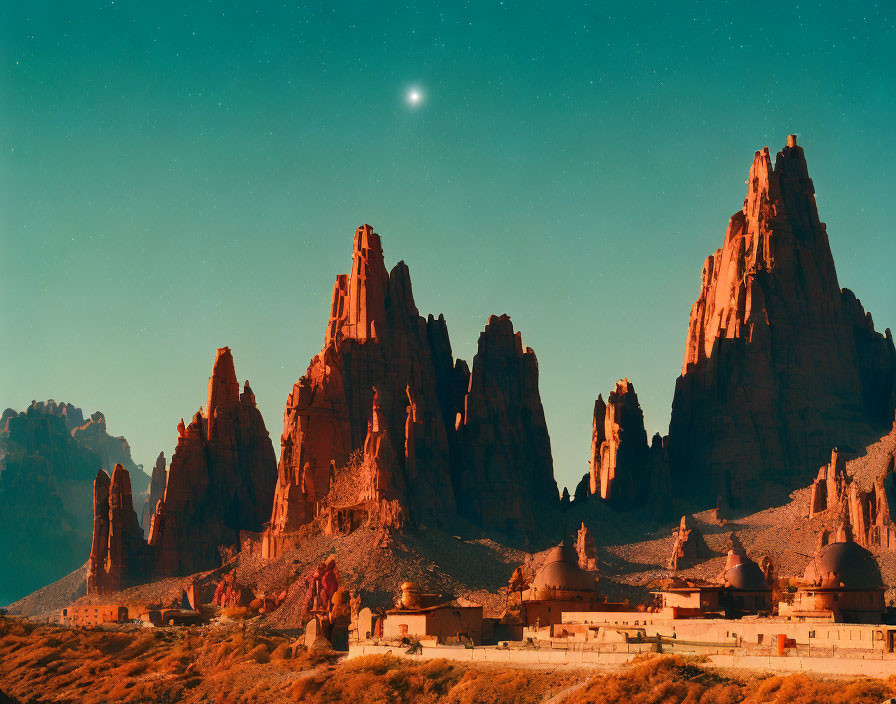 Twilight sky with red rock formations and monastery beneath a bright star.