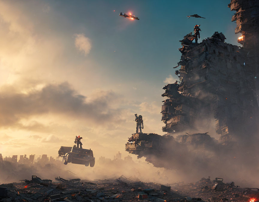 Destroyed buildings, robots, and flying vehicles in fiery post-apocalyptic scene