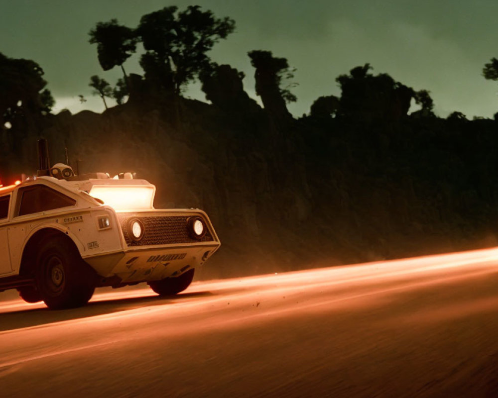 Vintage car with roof lights and rocket exhaust speeding on night road.