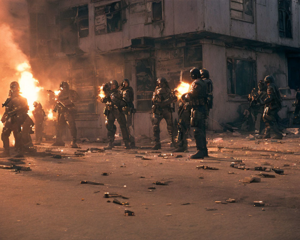 Armed Personnel in Riot Gear Advancing Through Urban Street