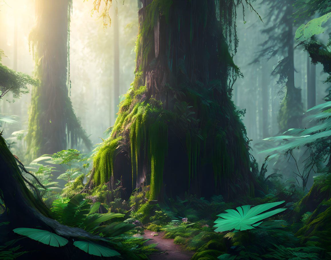 Enchanting forest scene with moss-covered tree and sunbeams