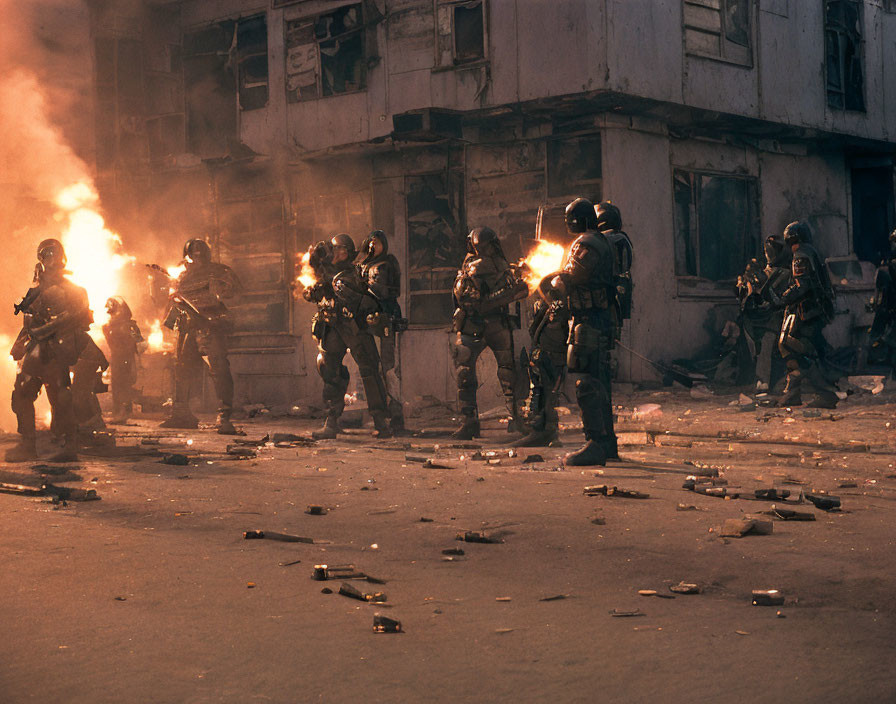 Armed Personnel in Riot Gear Advancing Through Urban Street