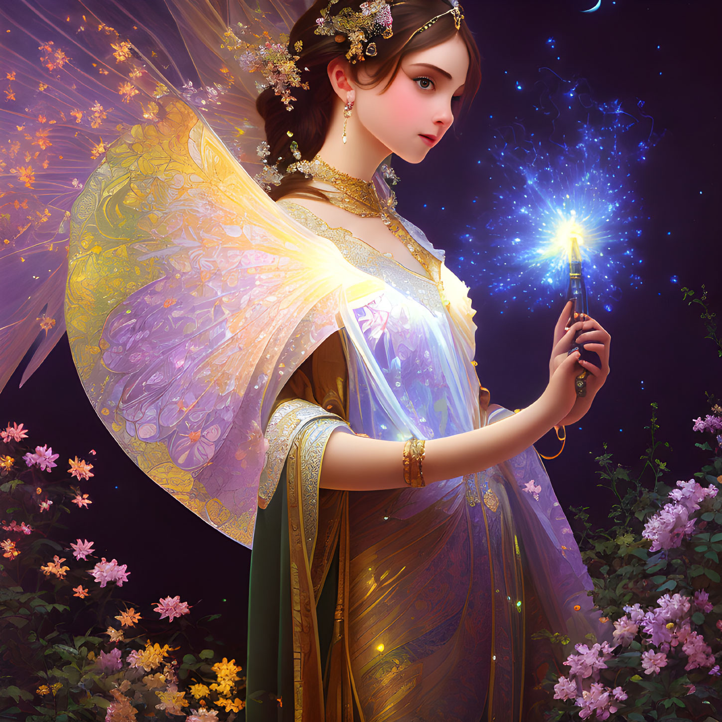 Ethereal fairy with translucent wings and glowing wand among flowers.