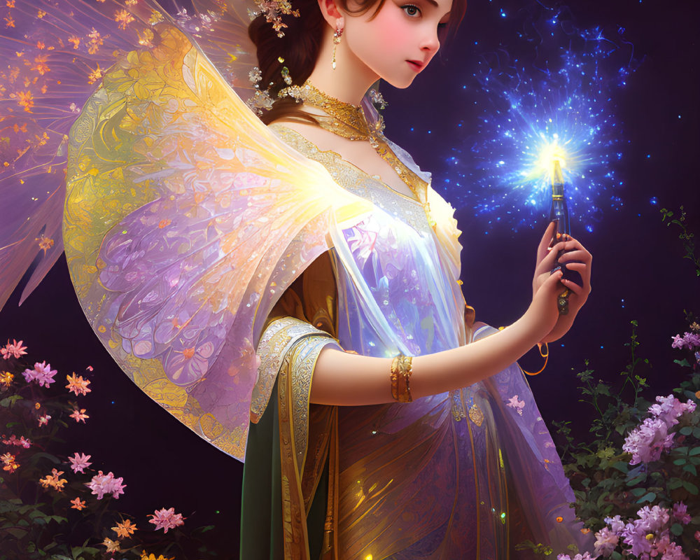 Ethereal fairy with translucent wings and glowing wand among flowers.