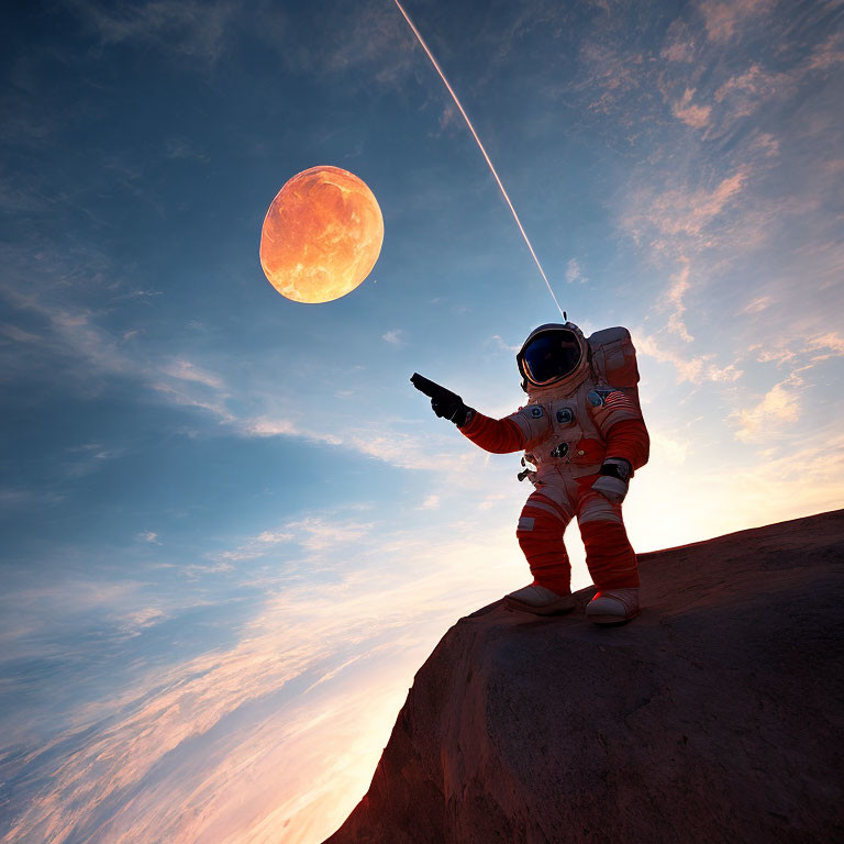 Astronaut pointing at large moon on rocky alien landscape