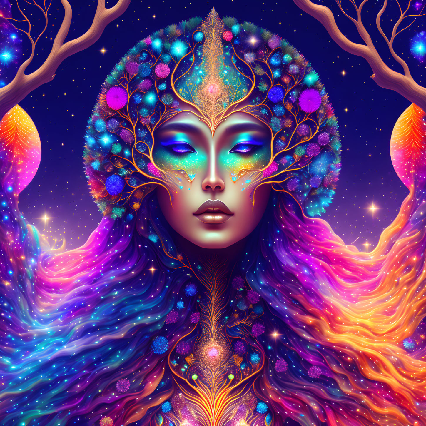 Colorful cosmic entity with human-like face and flowing hair surrounded by stars and floral motifs