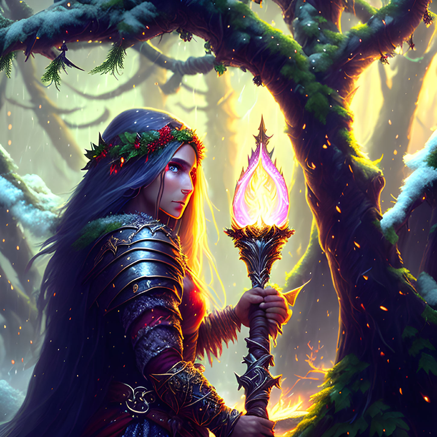 Ethereal elf in armor with fiery torch in enchanted forest