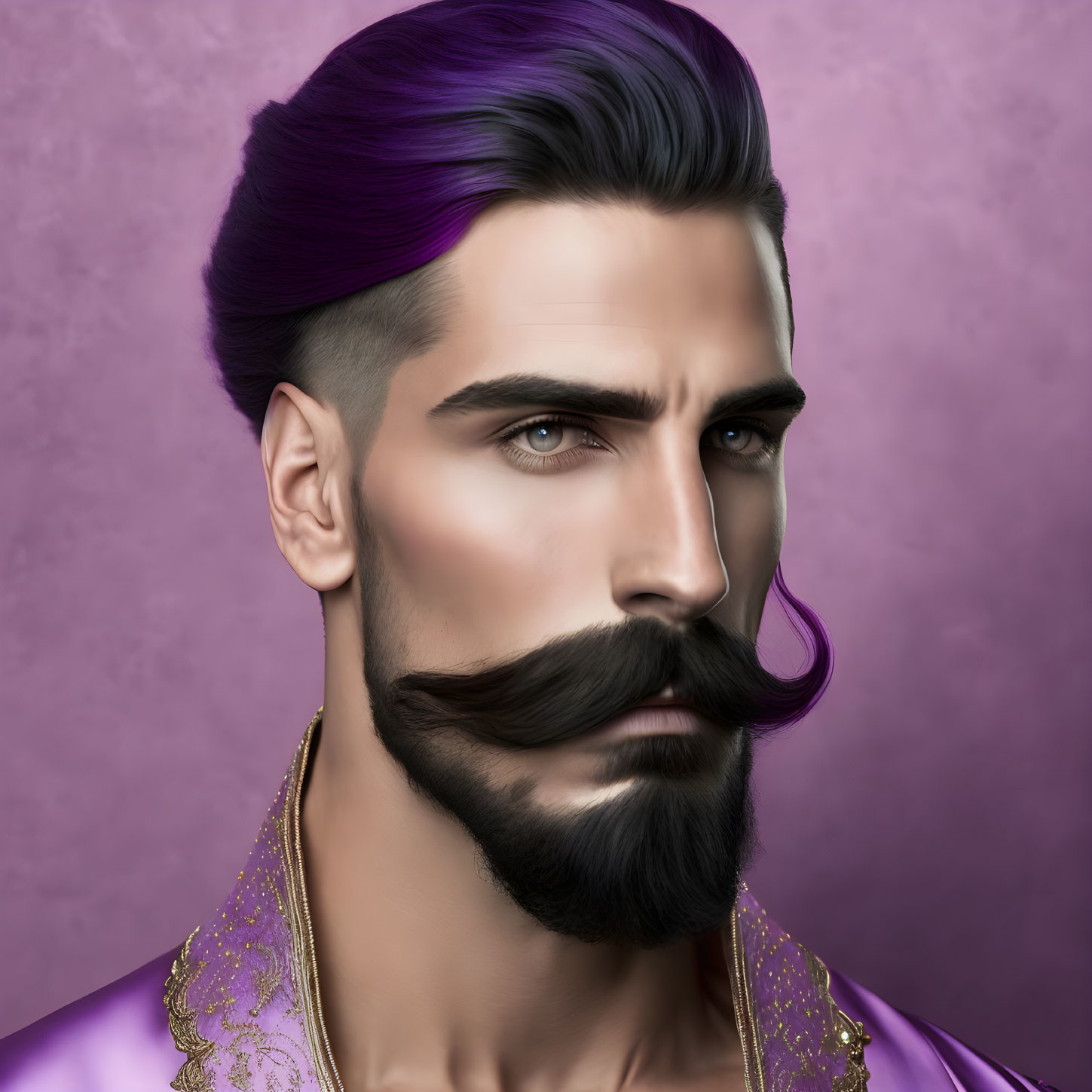 Man with Purple Hair, Curled Mustache, Blue Eyes, Purple Outfit