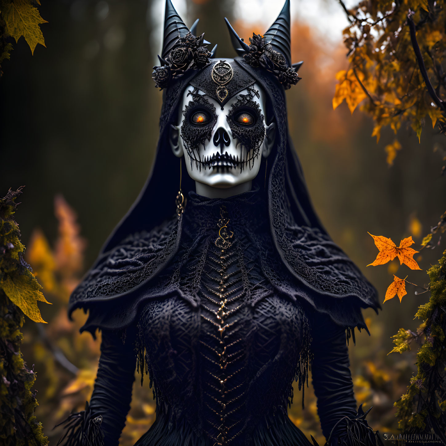 Elaborate Dark Costume with Skull Mask and Horns in Autumn Setting