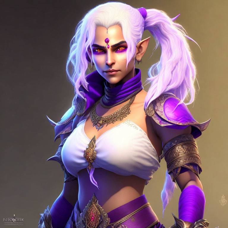 Purple-haired fantasy character with pointed ears, golden jewelry, white top, and mystical aura