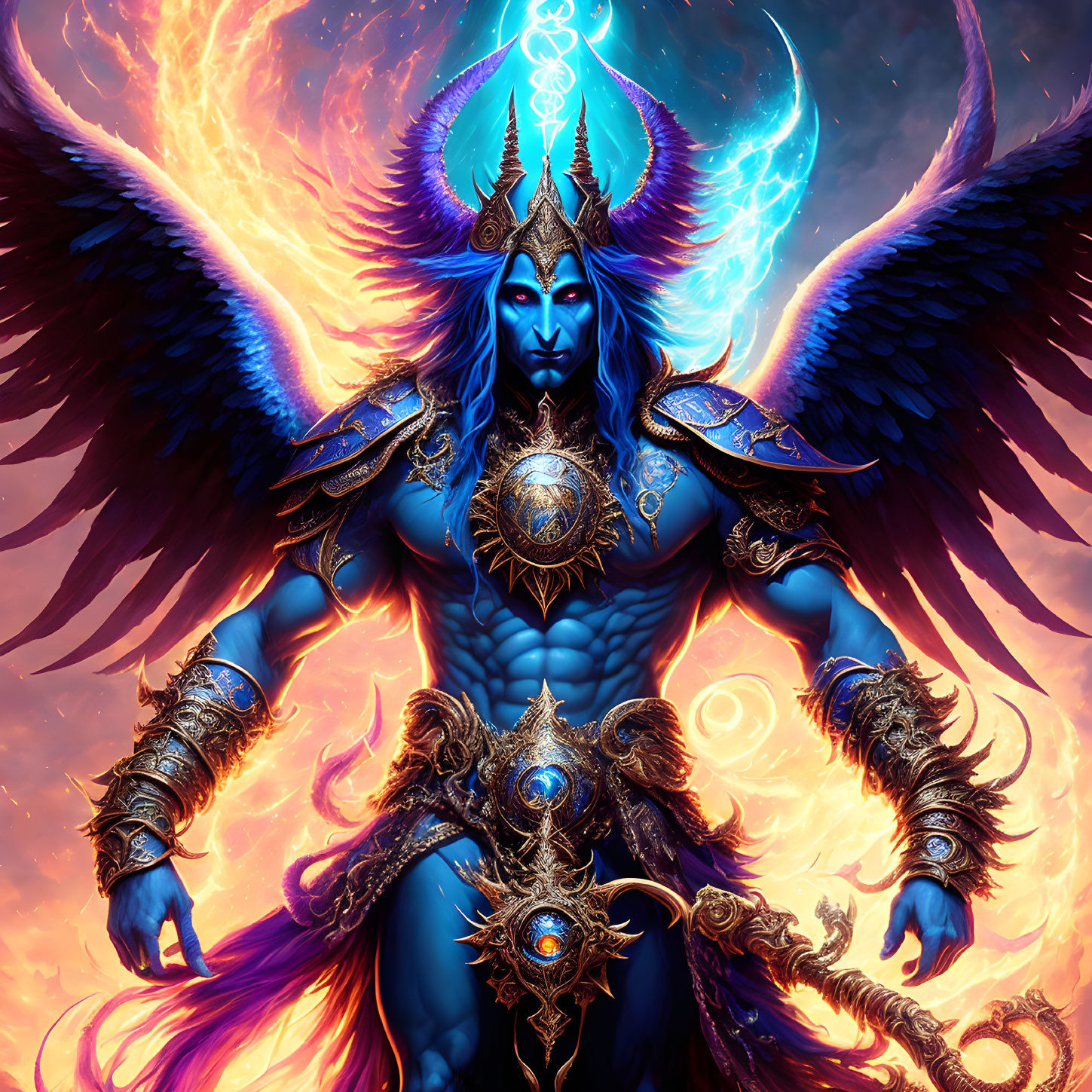 Fantasy figure with blue skin, golden armor, fiery wings, and mystical symbol