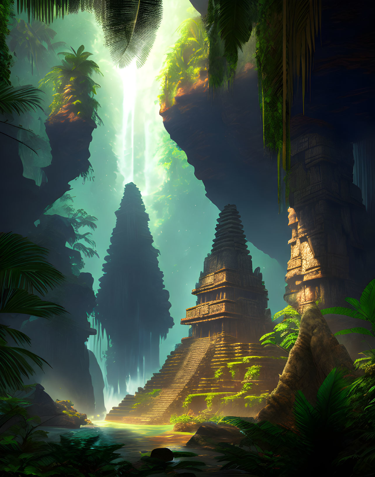 Mystical jungle with ancient temple ruins and lush vegetation