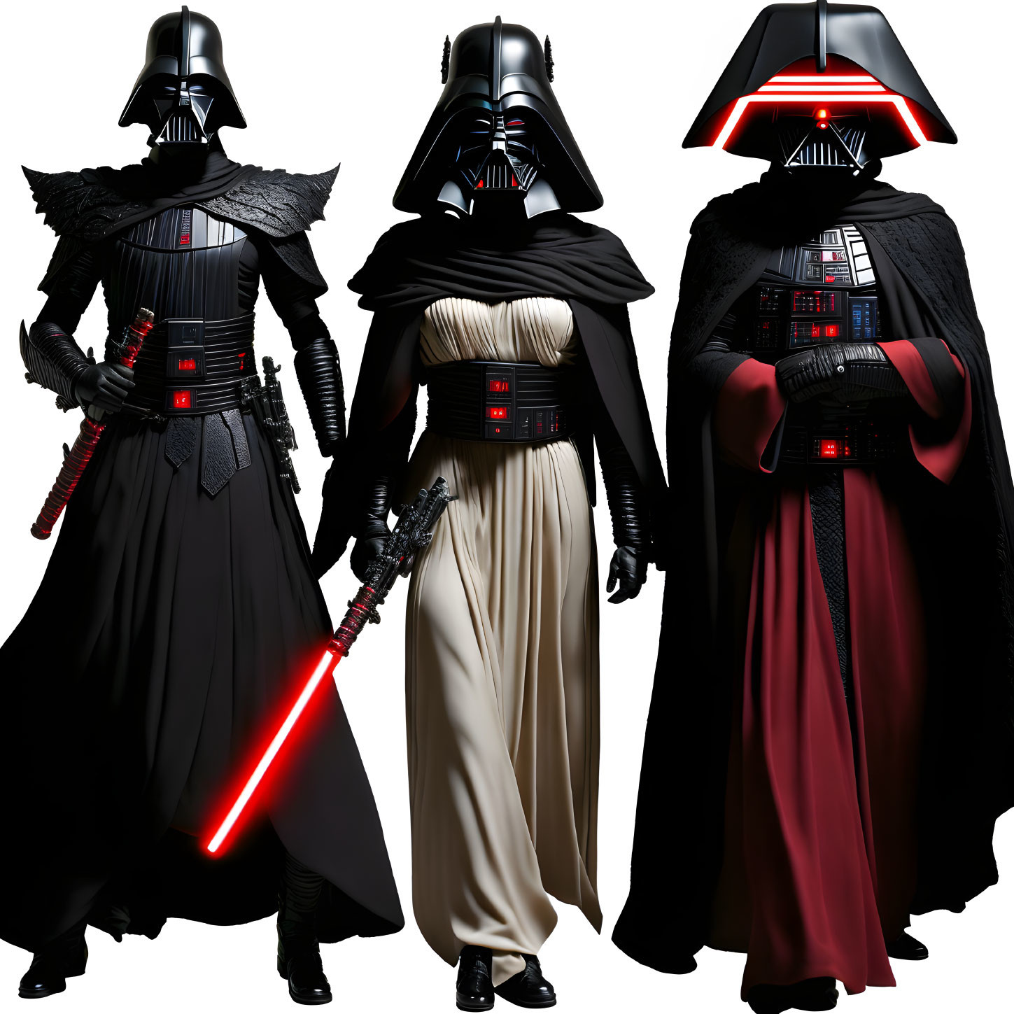 Character in Black Armor with Cape and Red Lightsaber: Classic, White-Robed, and Red