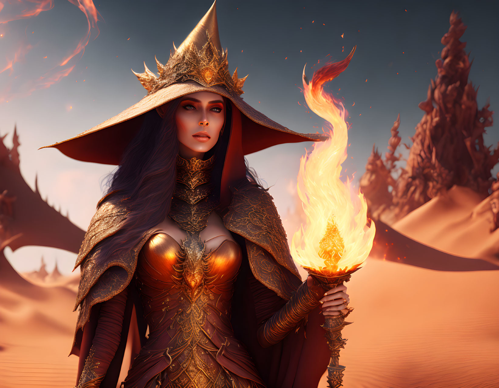 Golden-armored woman with flame in hand in desert with red spiky formations