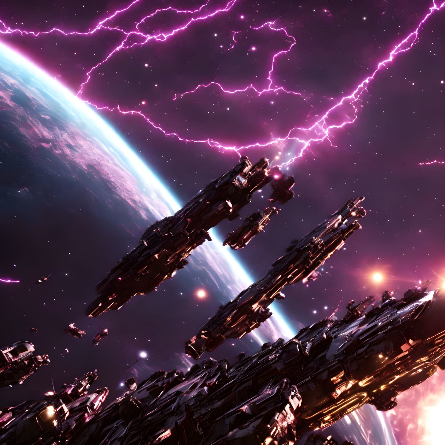 Futuristic starships near planet with purple cosmic lightning