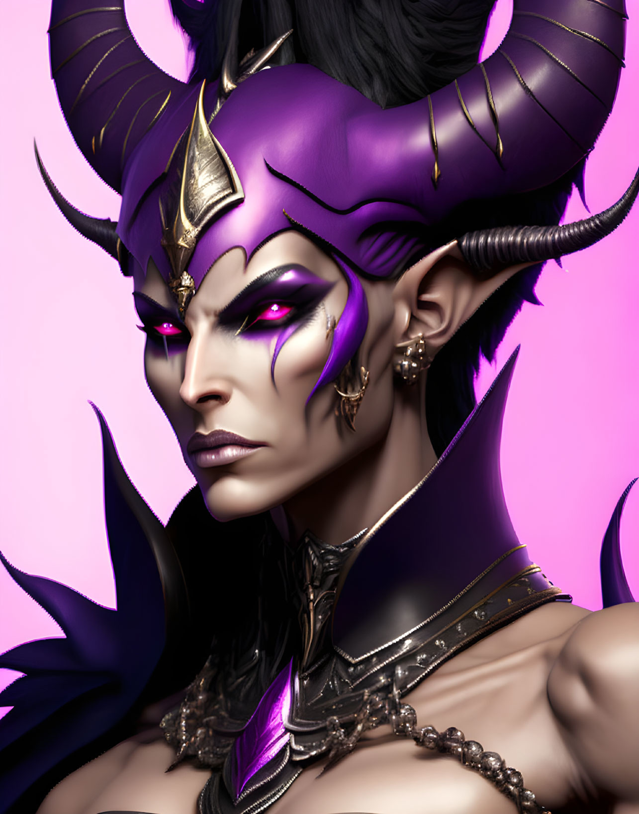 Fantasy character with purple skin, pointed ears, yellow eyes, curved horns, golden armor, and