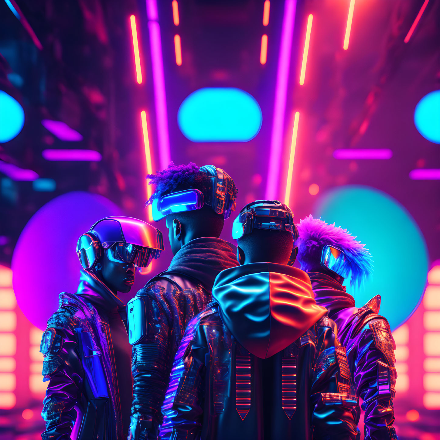 Futuristic VR Outfits in Neon-Lit Cyberpunk Scene