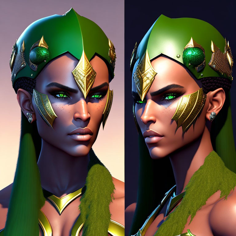 3D illustration of person with green skin and metallic green & gold helmet