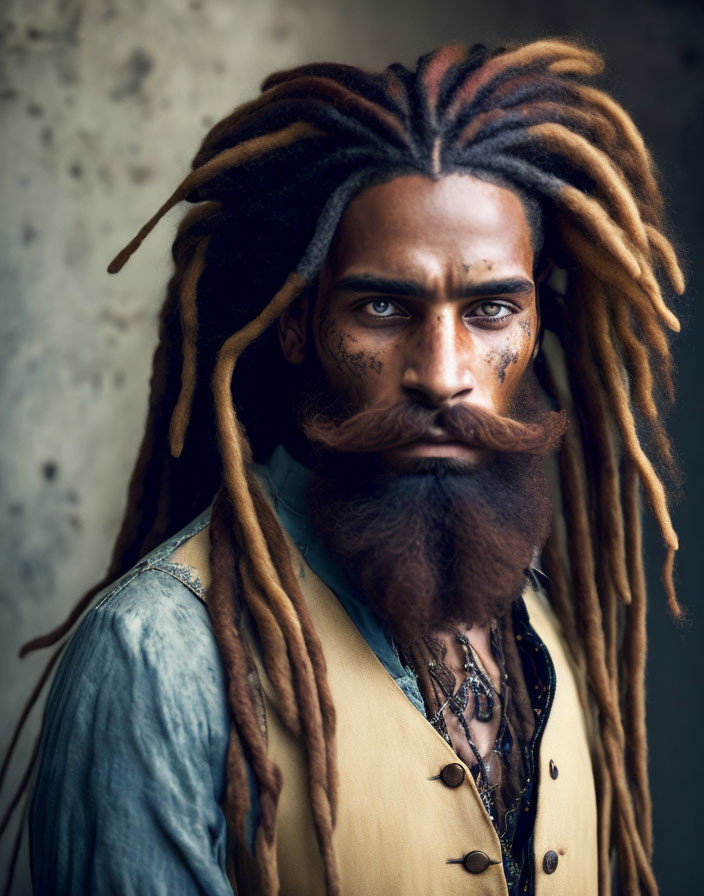 Man with long dreadlocks and tribal face paint in vintage attire.