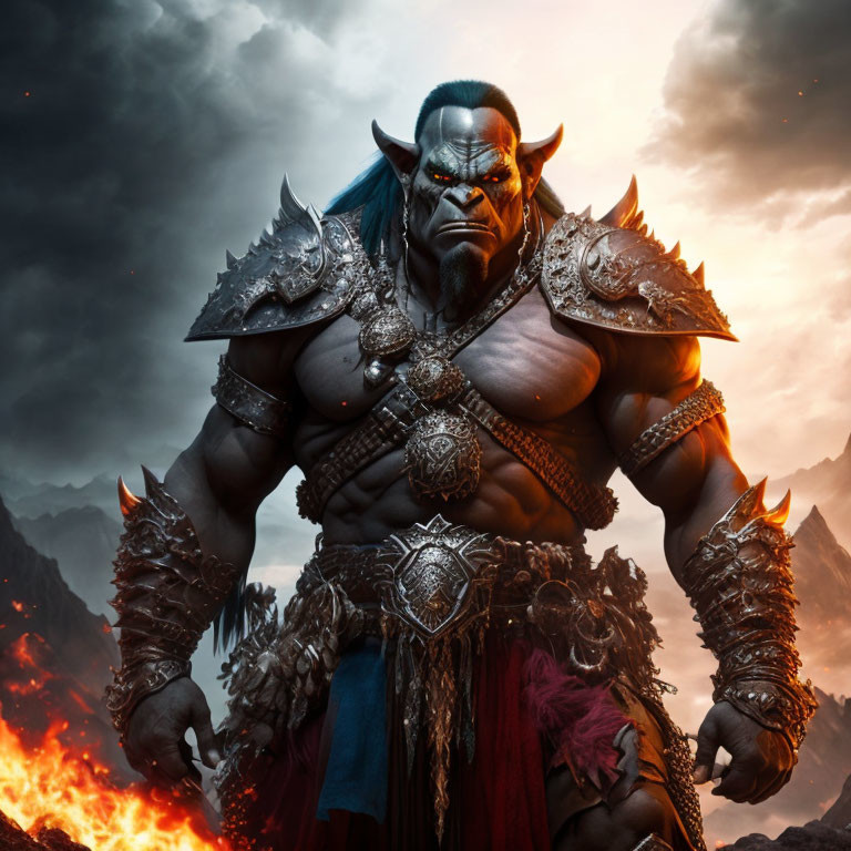 Blue-skinned orc in spiked armor against fiery backdrop