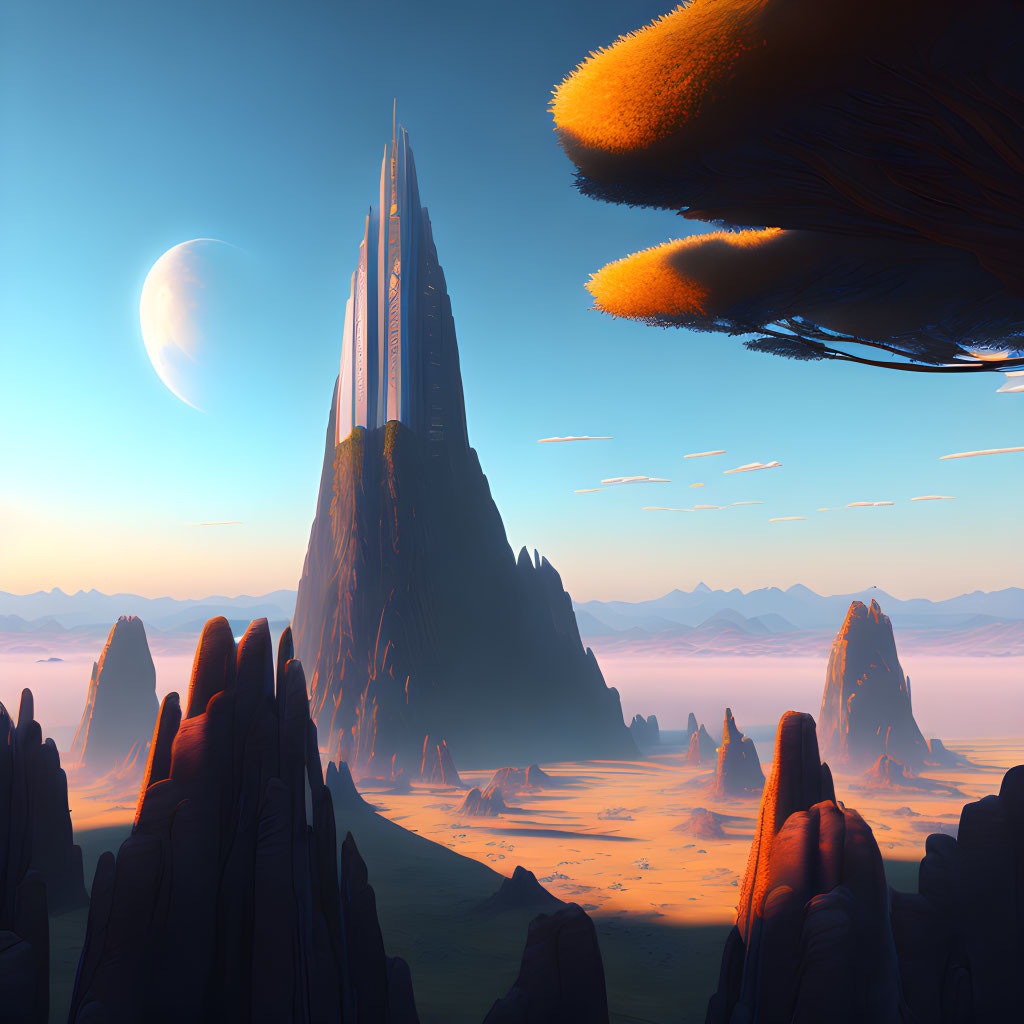 Futuristic tower on vast plain with rock formations, moon, and floating islands