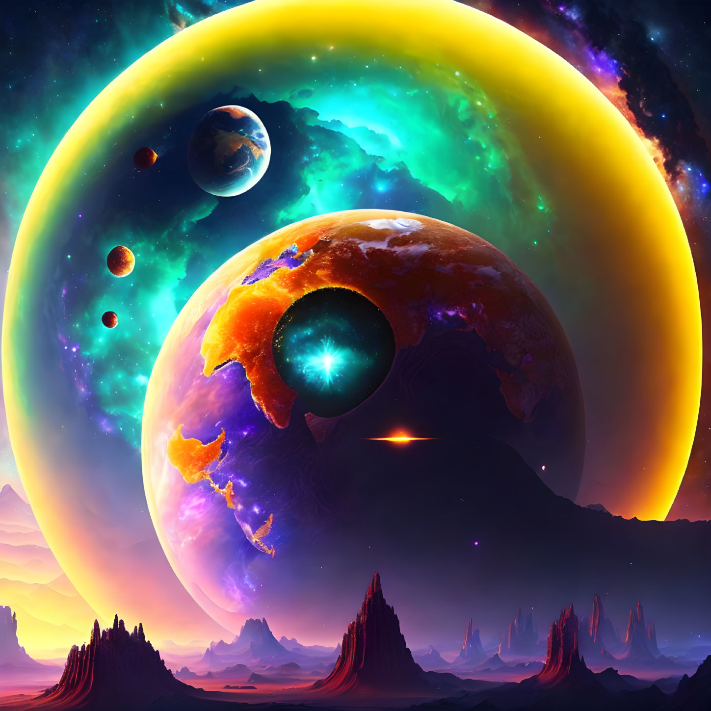 Colorful cosmic scene with large planet, rings, celestial bodies, star, and alien landscape.