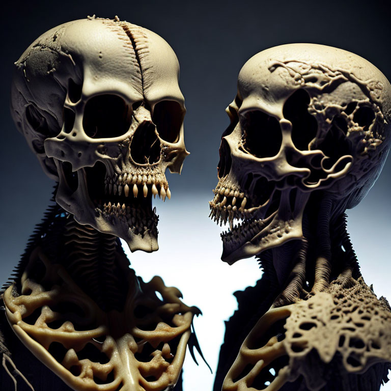 Detailed Anatomical Humanoid Skull Models Facing Each Other