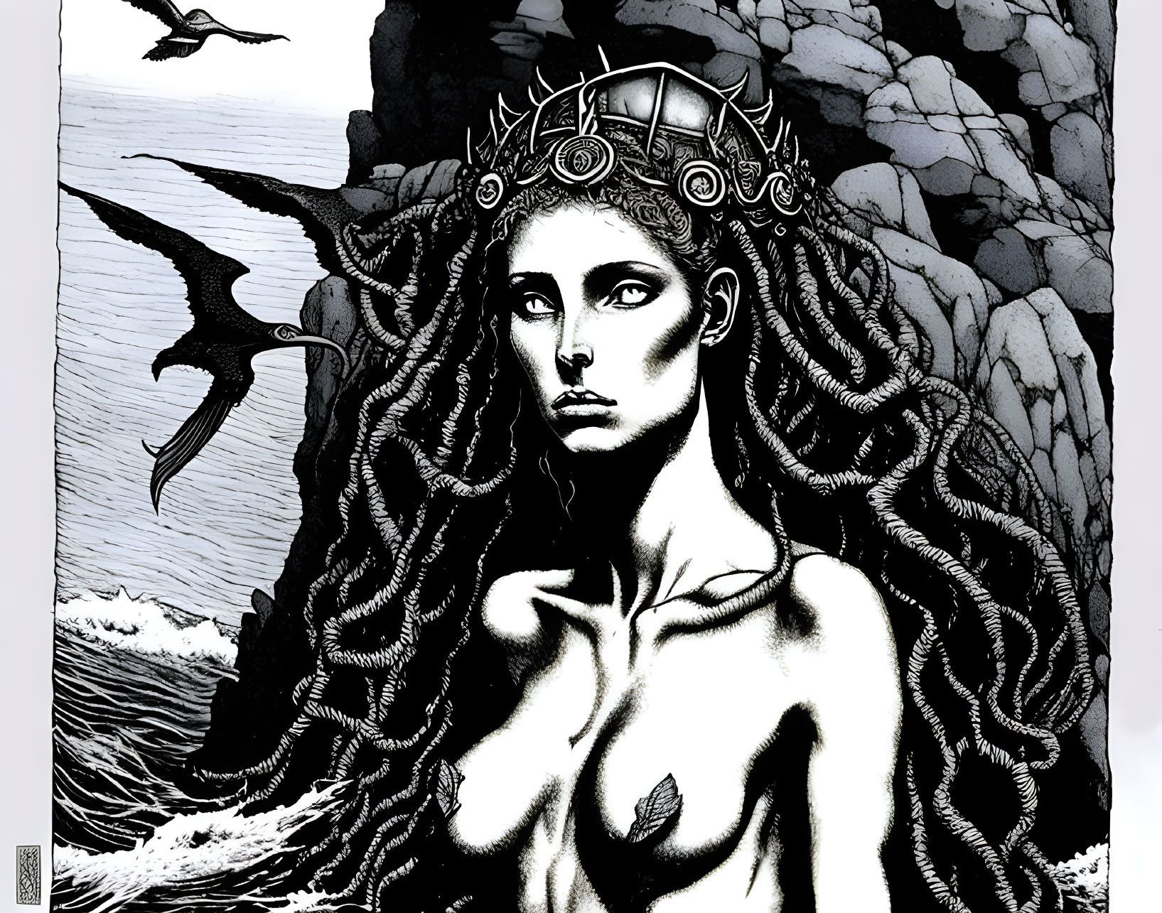 Monochromatic illustration of majestic woman with crown, cliffs, birds, and sea