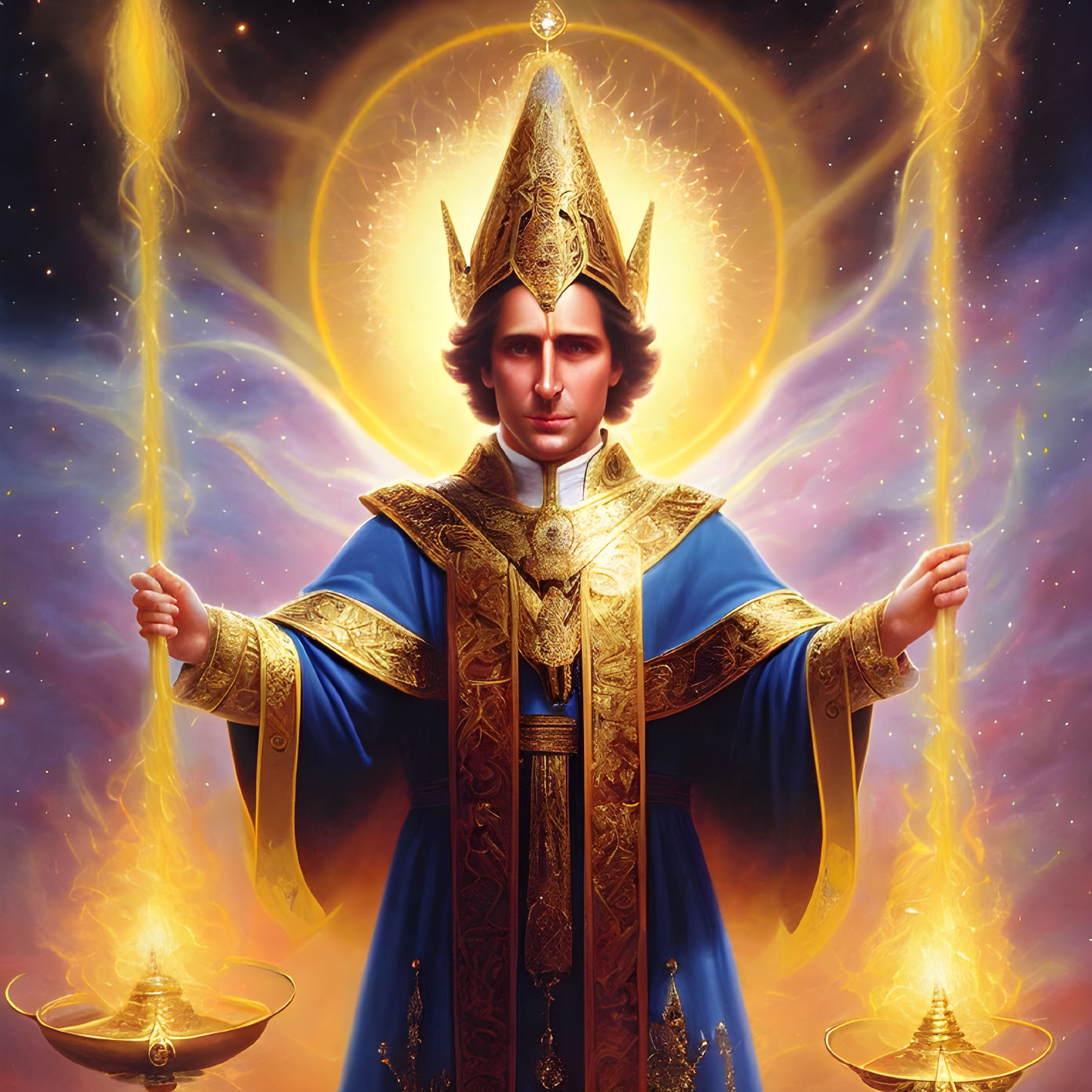 Majestic figure in blue and gold robe with scales and halo in fiery backdrop