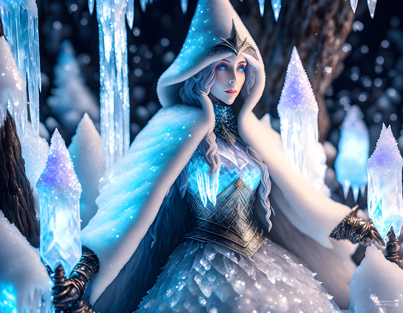 Fantasy illustration of pale woman in blue gown surrounded by glowing crystals