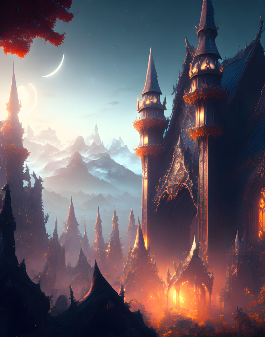 Mystical castle in twilight forest with crescent moons