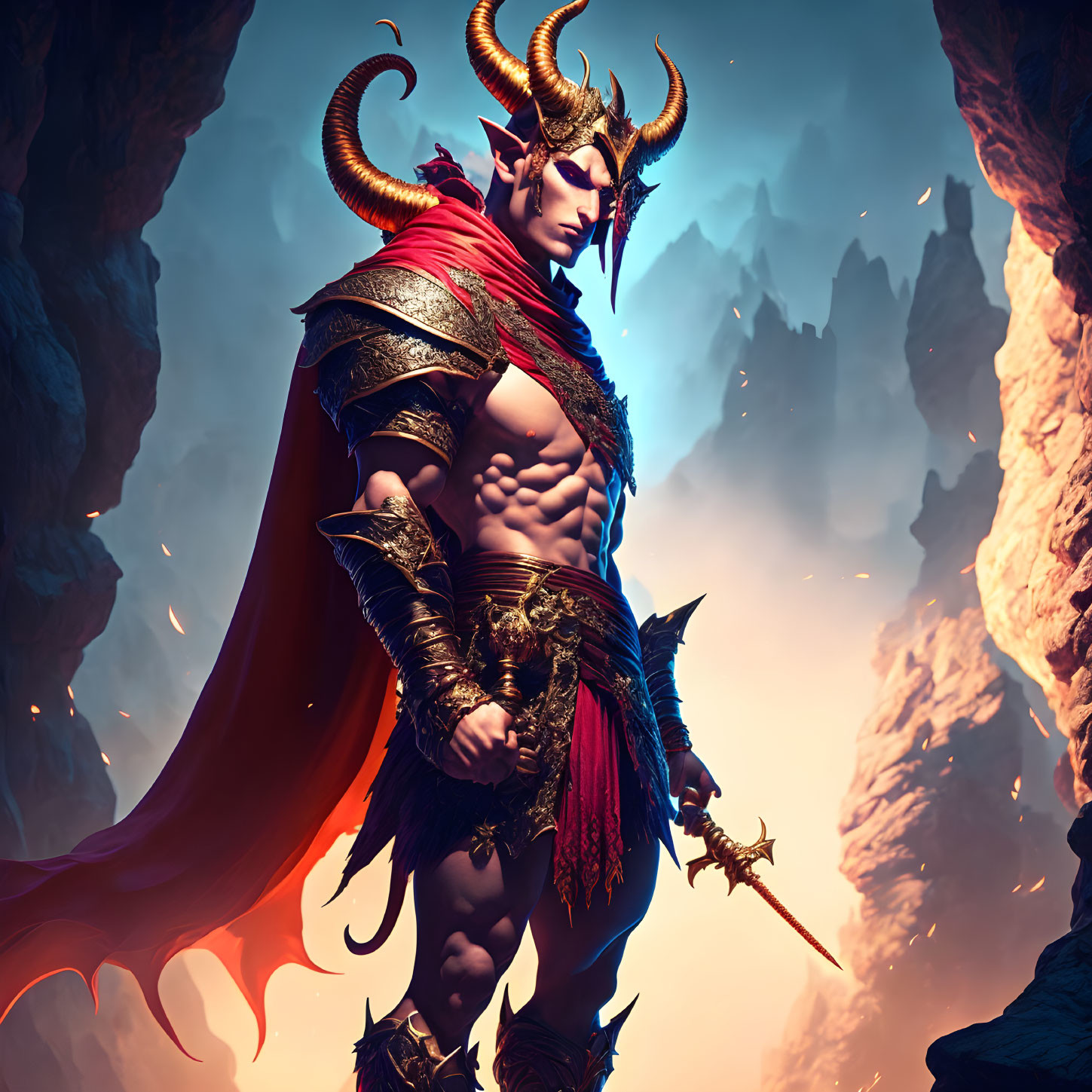 Muscular fantasy character with horns and red cape in ornate armor in rocky landscape with mystical staff