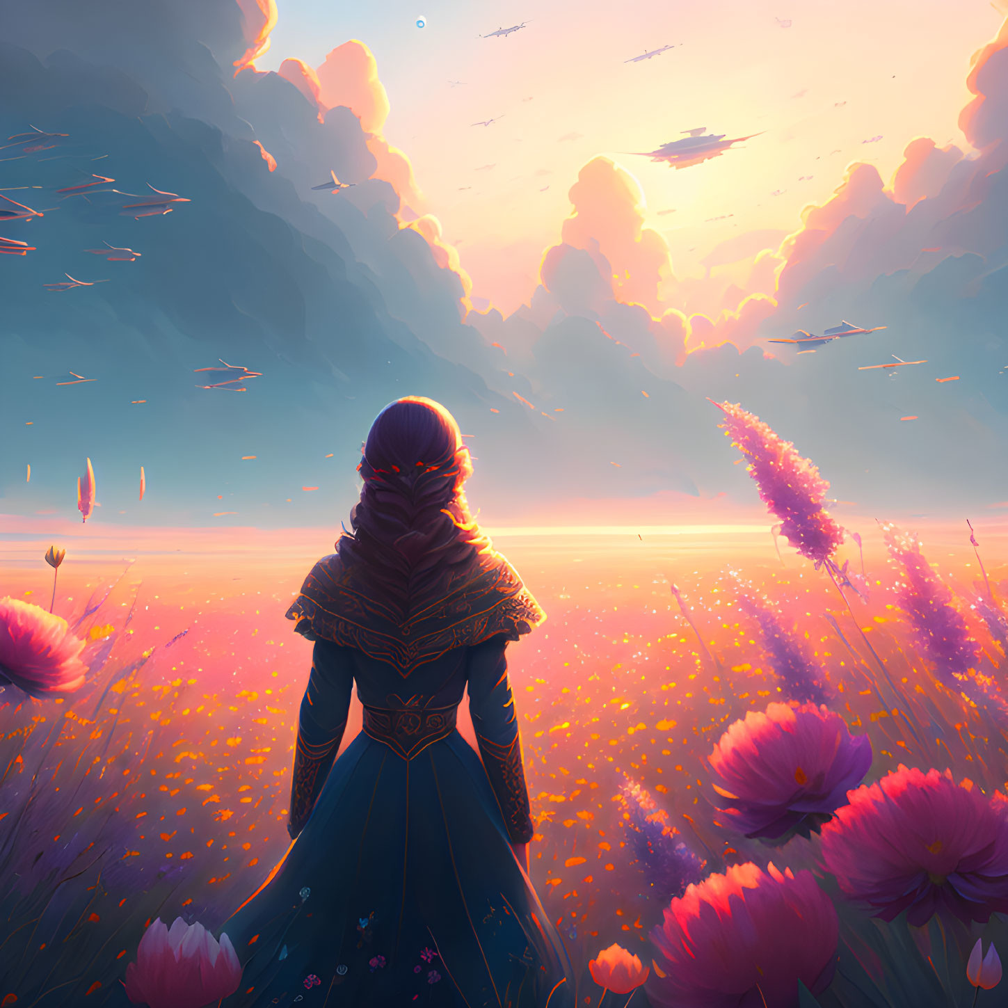 Person in Blue Cloak Stands in Field of Pink Flowers at Sunset