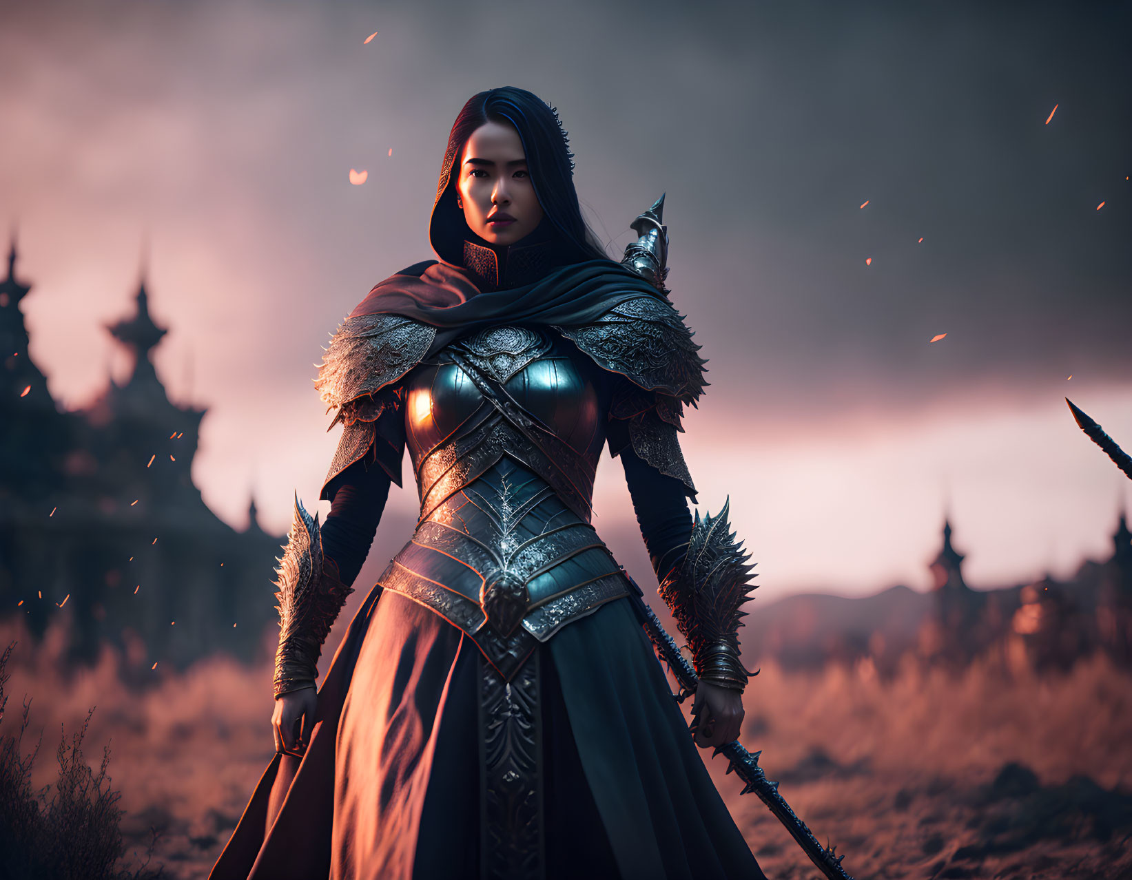 Warrior woman in ornate armor at dusk with swirling embers and silhouetted spires