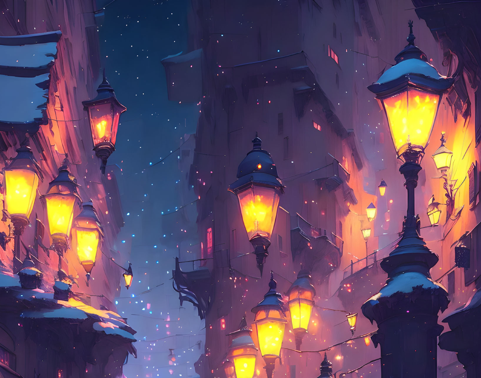 Snow-covered alley with vintage street lamps in twilight glow