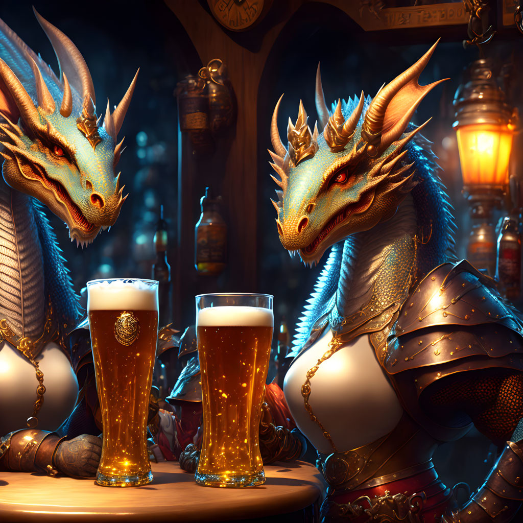 Armored dragons in tavern with beer glasses & bottles shelves