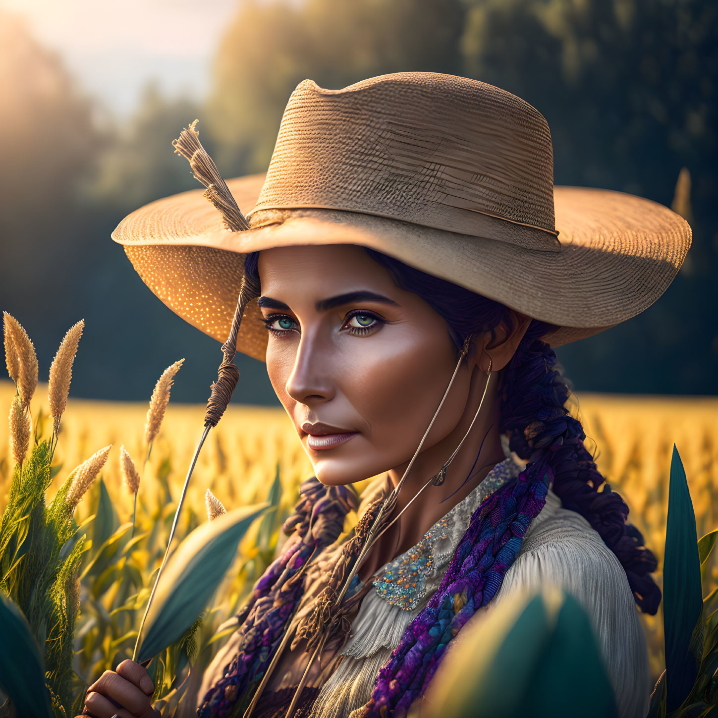 Braided Hair Woman in Cowboy Hat in Wheat Field at Sunset