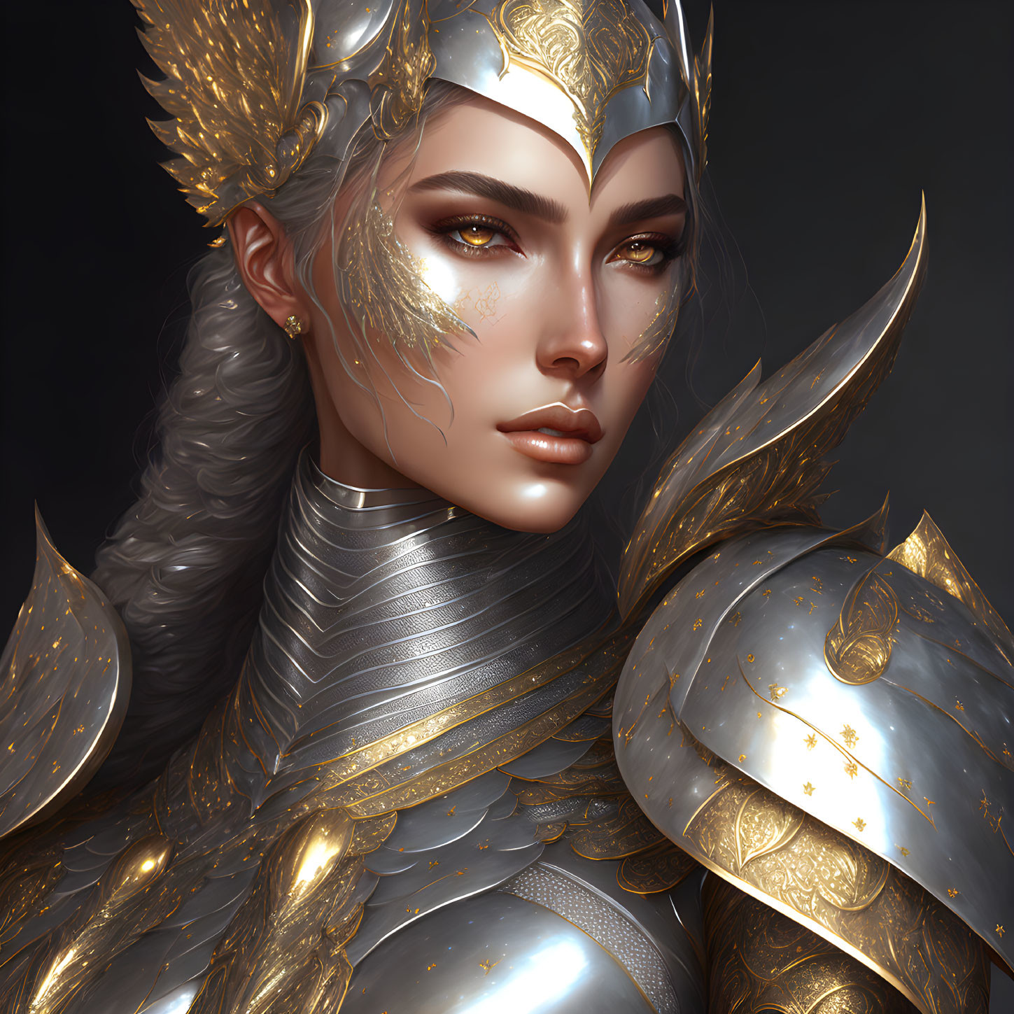 Golden-armored woman with intricate designs and regal aura.