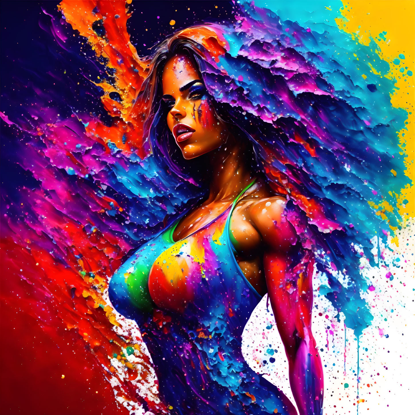 Colorful digital artwork: Woman with flowing hair in dynamic paint explosion